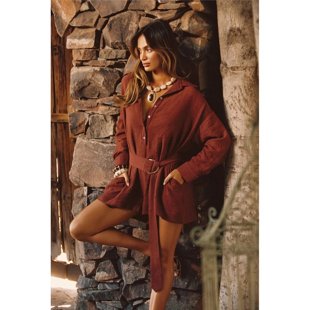 12th Tribe Boho Rust Brown Belted Button Down Romper Womens Large NWT